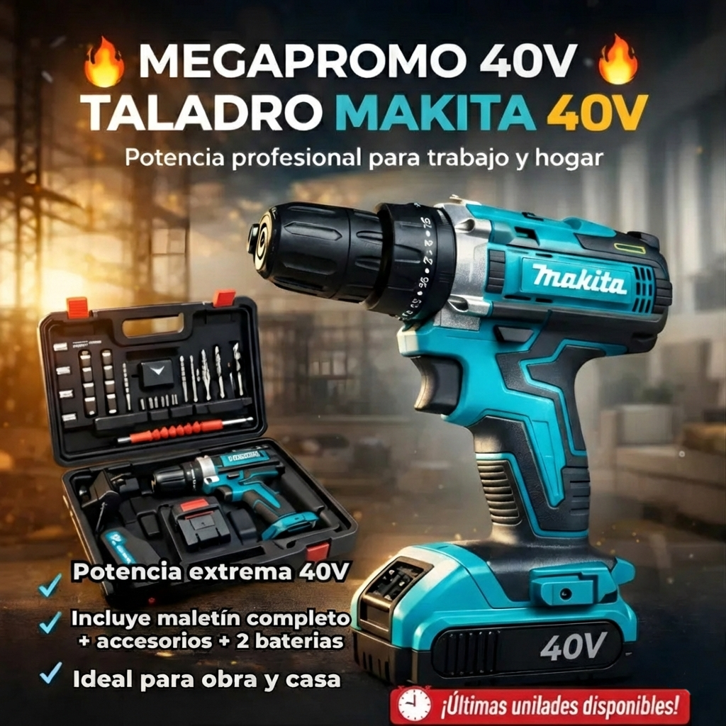 Taladro inalámbrico percutor + Maletin + 24 Accesorios + 2 Baterias 40 V